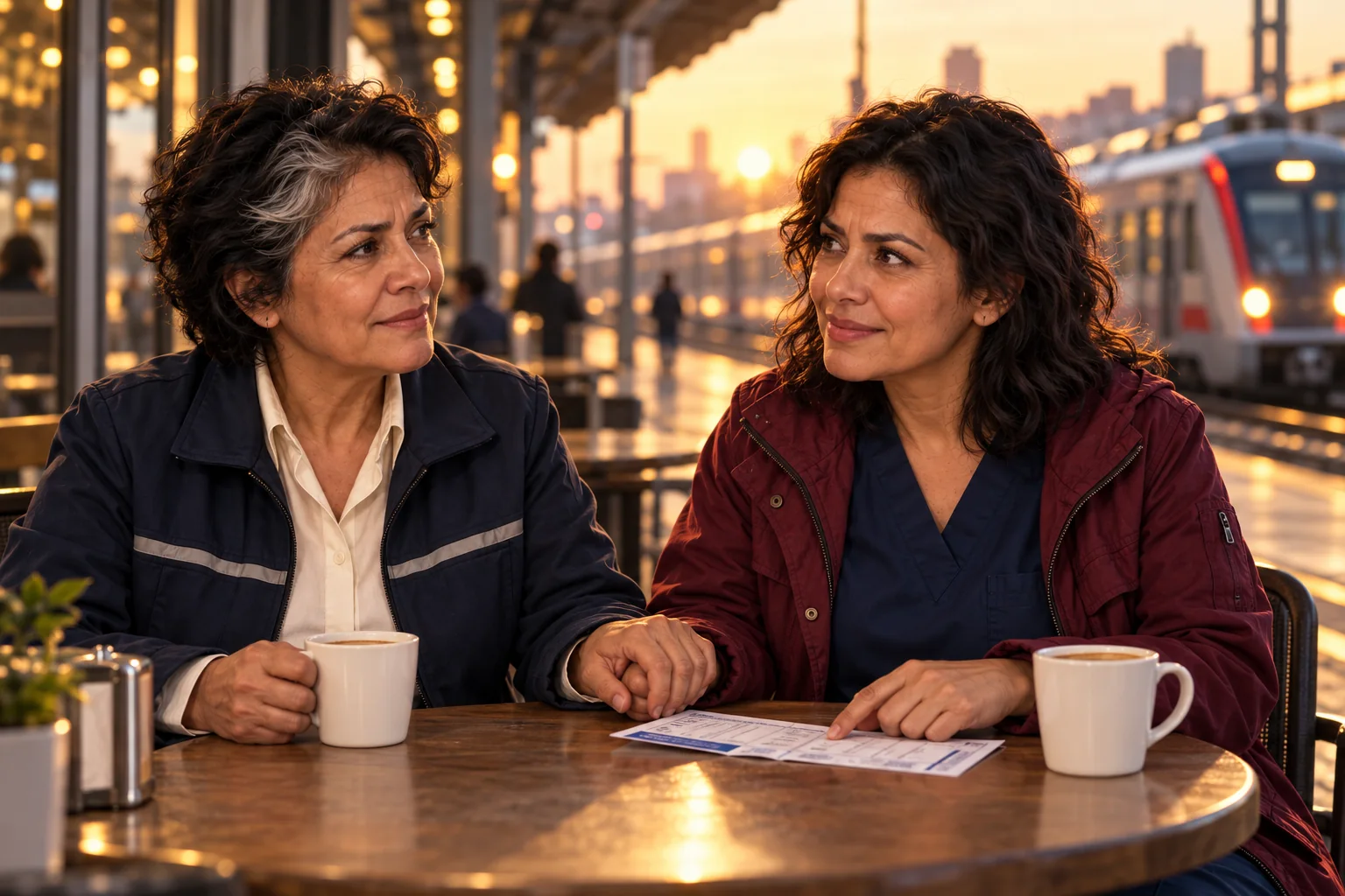 Dos mujeres adultas unen las manos después de una situación difícil
