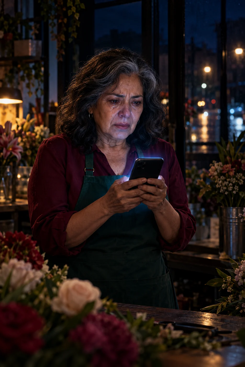 Mujer adulta mira su celular con expresión de inquietud
